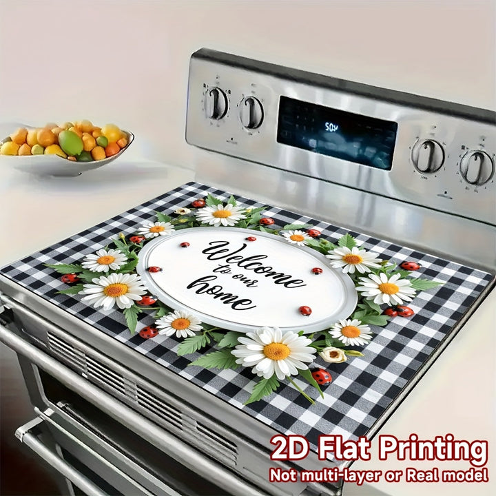 1pc Protector de Encimera para Estufa - Tapete Resistente al Calor con Diseño Floral (Margaritas, Bayas Rojas), Protector Antirrayaduras para Cocinas de Gas/Eléctricas y Hornos - Compatible con Diseños "Welcome Home" - Ideal para Hogar, Oficina o Hotel -