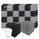 48pcs Paneles de Espuma Acústica, Cuñas de Aislamiento Acústico para Estudio, Relleno Antifuego y Aislante de Sonido, Cuñas de 1"×12"×12" Tratamiento de Absorción con Esponja de Espuma Acústica, Ideal para Dormitorio, Estudio y Oficina, Negro y Gris