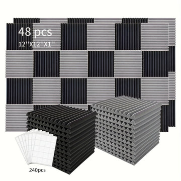 48pcs Paneles de Espuma Acústica, Cuñas de Aislamiento Acústico para Estudio, Relleno Antifuego y Aislante de Sonido, Cuñas de 1"×12"×12" Tratamiento de Absorción con Esponja de Espuma Acústica, Ideal para Dormitorio, Estudio y Oficina, Negro y Gris