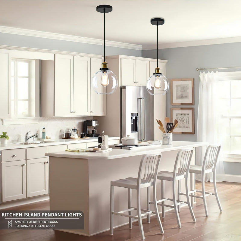 Linterna Colgante de Vidrio para Isla de Cocina, Lámparas Colgantes Doradas y Negras de Vidrio Transparente, Lámpara Colgante Globo para Isla de Cocina, Luz de Techo Moderna Estilo Granja con Pantalla de Vidrio Claro