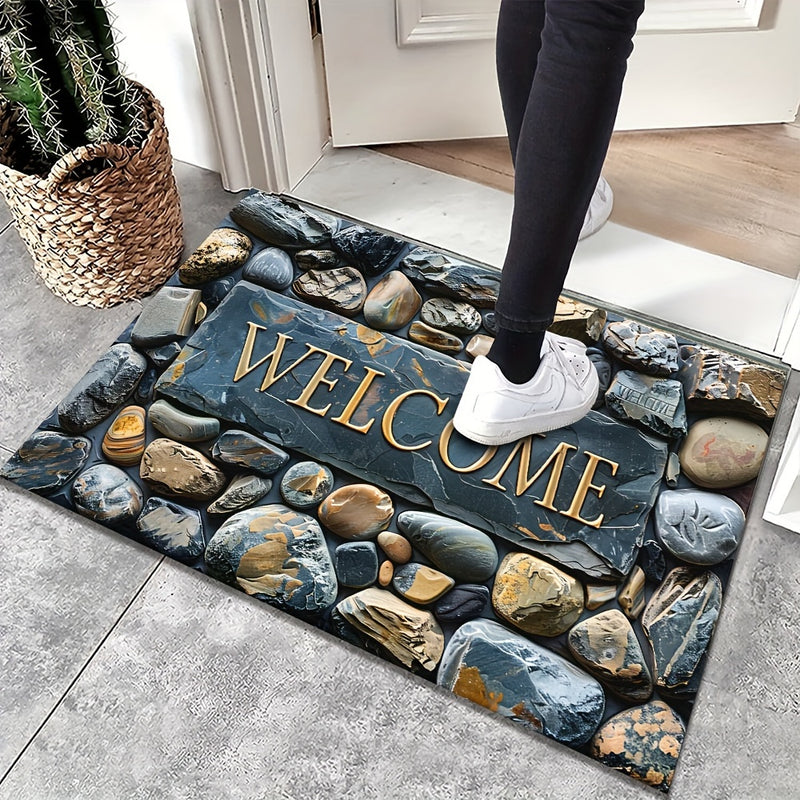 Tapete elegante de bienvenida con diseño de piedras en 2D, rectangular de poliéster de 6 mm de grosor, estampado de piedra, antideslizante, lavable a máquina, ideal para entrada, sala, baño o balcón, decoración artística de lujo para interiores