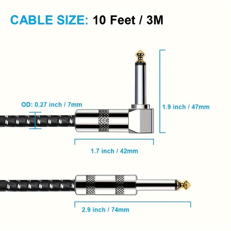 Cable de Guitarra Eléctrica Pro de 10 pies - Cables de Instrumento para Guitarra Eléctrica, Bajo Eléctrico, Mandolina Eléctrica, Audio Profesional con Conectores de Ángulo Recto a Recto de 1/4, Color Negro, Transmisión de Sonido Duradera y Sin Ruido
