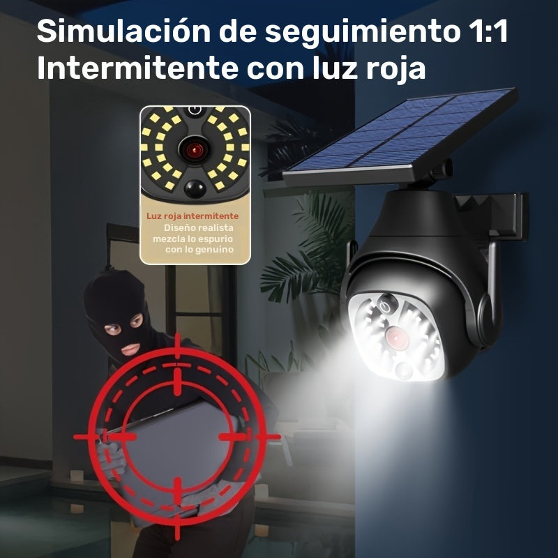1 lámpara solar de pared LED con sensor de movimiento, luz falsa de vigilancia inalámbrica, panel solar giratorio 180°, iluminación solar simulada para porche, jardín, patio o entrada