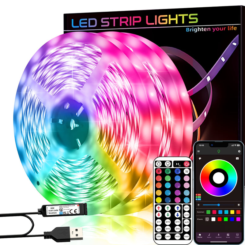 Tira de luces LED RGB inteligente para habitación, 3-100 pies para interiores con control remoto de 44 teclas, sincronización con música, temporizador y control por app, múltiples modos de iluminación para sala de música, sala de estar, Halloween, bodas