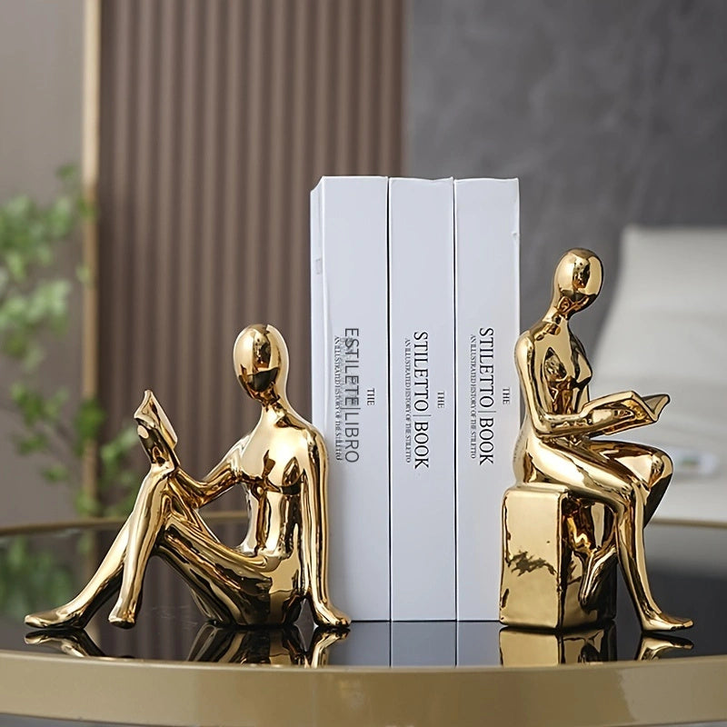 Elegantes sujetalibros abstractos en tono dorado minimalista: Ideal para decorar la oficina en casa o la sala de estar