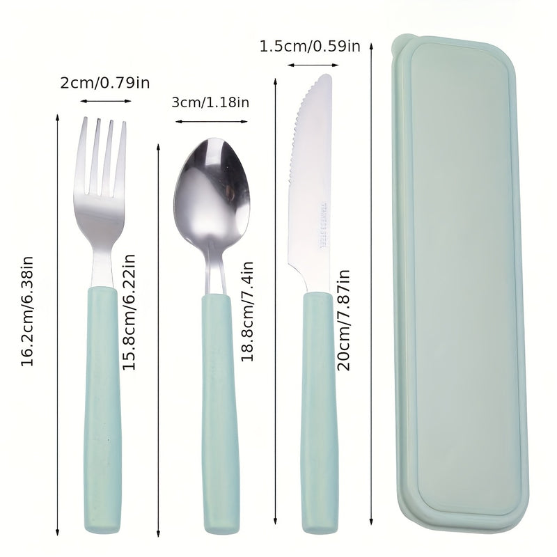 3 piezas de juego de cubiertos de viaje portátil de acero inoxidable, incluyendo cuchillo, tenedor, cuchara - Perfecto para oficina, escuela, picnic, camping y actividades al aire libre - Más adecuado para estudiantes y amigos pequeños con almacenamiento