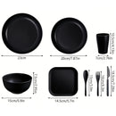 Juego de vajilla de plástico PP ligero, 32/64 piezas, resistente para microondas y lavavajillas, forma redonda moderna, ideal para Año Nuevo, Día de San Valentín y picnics al aire libre (en gris y negro), esenciales para picnic, vajilla moderna, juego de