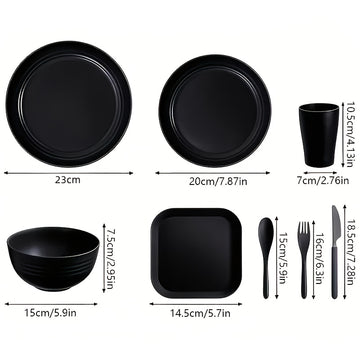 Juego de vajilla de plástico PP ligero, 32/64 piezas, resistente para microondas y lavavajillas, forma redonda moderna, ideal para Año Nuevo, Día de San Valentín y picnics al aire libre (en gris y negro), esenciales para picnic, vajilla moderna, juego de