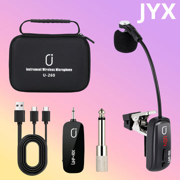 Sistema de Micrófono sin varillas UHF para Saxofón, Micrófono Clip-On para Instrumentos con Transmisor y Receptor, Distancia de Transmisión hasta 48.77 metros, Recargable Apto para Trompeta, Trompa, Violonchelo, Incluye Estuche de Almacenamiento