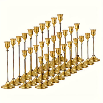 Un juego de 30 portavelas dorados de latón, candelabros al por mayor, decoración vintage para velas, soportes metálicos adecuados para la decoración del hogar, centro de mesa festivo y chimenea, Ideal para Navidad, Perfecto para Acción de Gracias