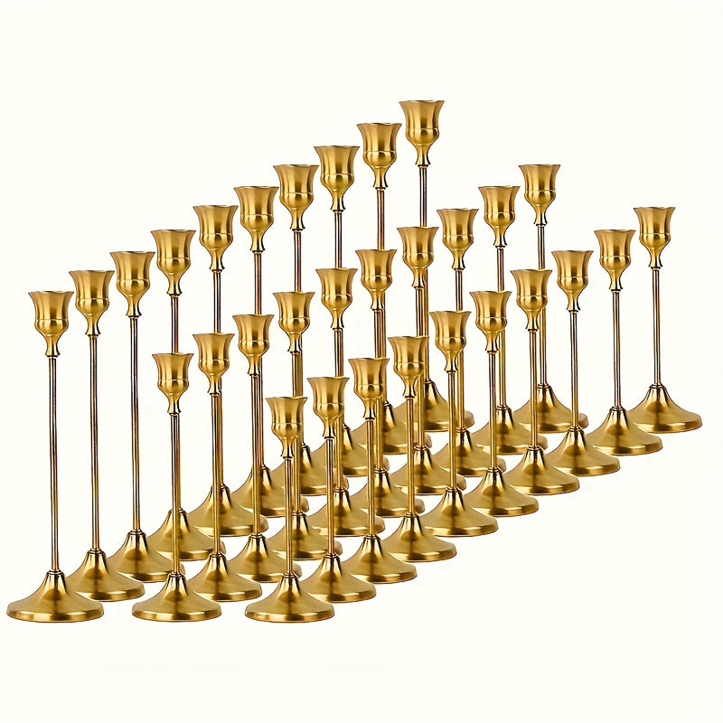 Un juego de 30 portavelas dorados de latón, candelabros al por mayor, decoración vintage para velas, soportes metálicos adecuados para la decoración del hogar, centro de mesa festivo y chimenea, Ideal para Navidad, Perfecto para Acción de Gracias