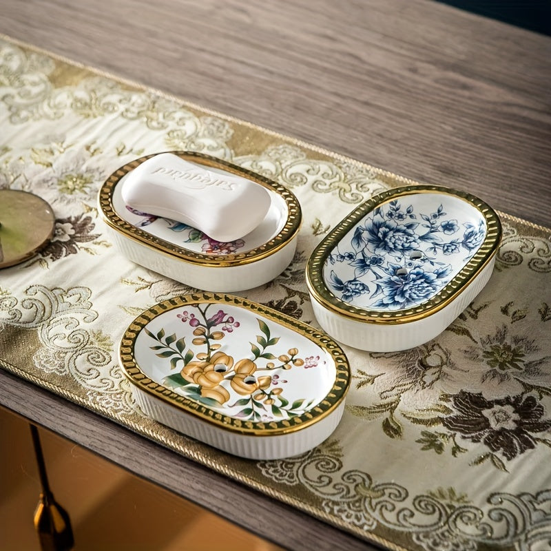 Jabonera de cerámica ovalada de lujo con bandeja de drenaje de doble capa, ribete dorado de estilo americano, elegante jabonera de baño, diseño resistente al agua.