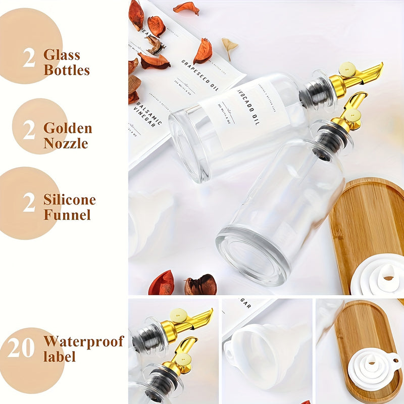 Juego de 2 Botellas Dispensadoras de Aceite de Oliva con Bandeja, Dispensador de Aceite y Vinagre con Boquilla de Metal, Dispensador de Jarabe de Café, Cruet de Aceite de Oliva, Botellas Contenedores de Aceite para Cocina