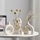 Conjunto de 3 jarrones de cerámica bohemios - Jarrones de capullo de rayas geométricas, forma cilíndrica, decoración minimalista para el hogar para estantes, mesa de café, sala de estar, entrada - No se requieren baterías