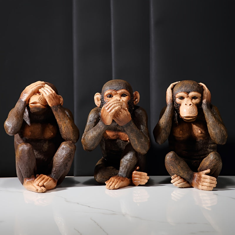 Juego de 3 figuras realistas de chimpancé, estatuas decorativas de resina para interior y exterior