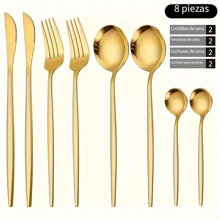 8/24 piezas, juego de vajilla dorada elegante, incluye cuchillos para bistec, tenedores para ensalada, cucharas para cena y cucharas para postre, acero inoxidable pulido al espejo, duradero y apto para lavavajillas, adecuado para uso festivo.