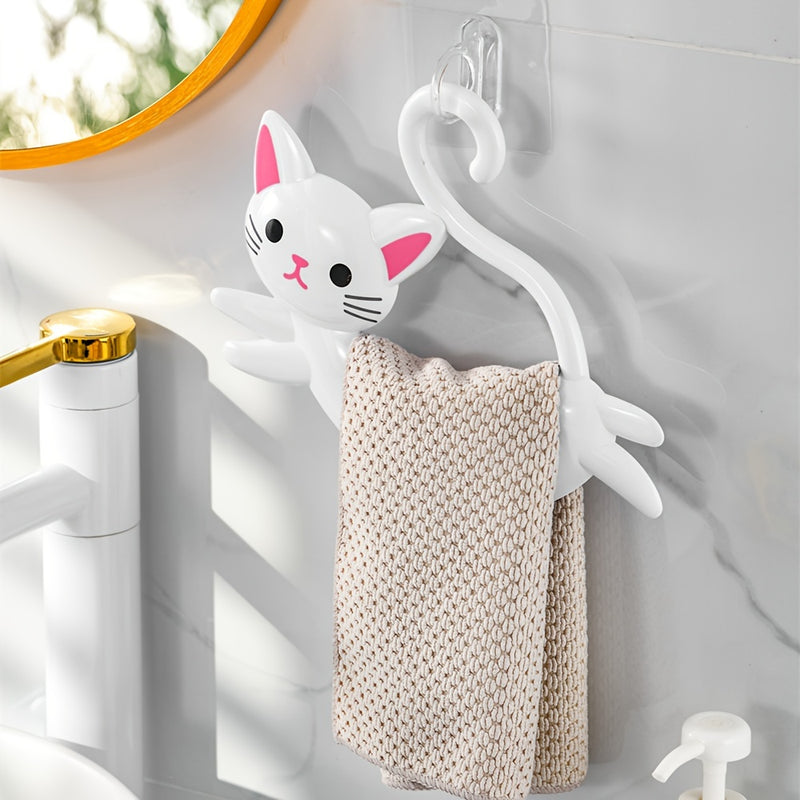 Soporte de toalla de gato de dibujos animados lindo, sin taladro para baño, barra colgante, gancho de almacenamiento de toalla, gancho decorativo de plástico