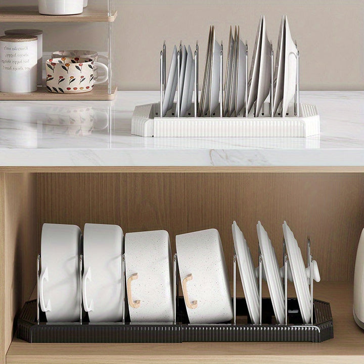 Soporte de Ollas Retráctil de Acero Inoxidable con 6 Compartimentos Ajustables - Estante Flexible para Cocina para Ollas, Tapas y Utensilios - Ideal para Cocinas Caseras, Cafeterías, Restaurantes y Bares