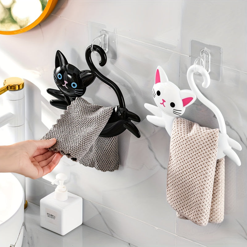 Soporte de toalla de gato de dibujos animados lindo, sin taladro para baño, barra colgante, gancho de almacenamiento de toalla, gancho decorativo de plástico