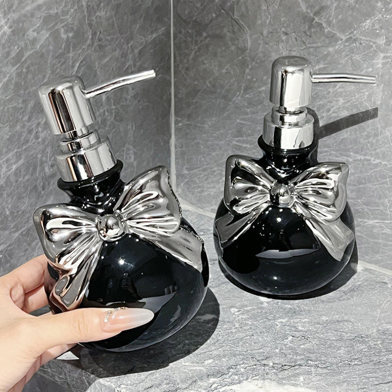 1pc Dispensador de Jabón Cerámico 350ml con Lazos Rosas - Botella Recargable para Champú, Gel de Ducha, Acondicionador y Loción - Decoración Elegante para Baño y Cocina, Accesorios para Hoteles y Hogar, Material Libre de Ftalatos