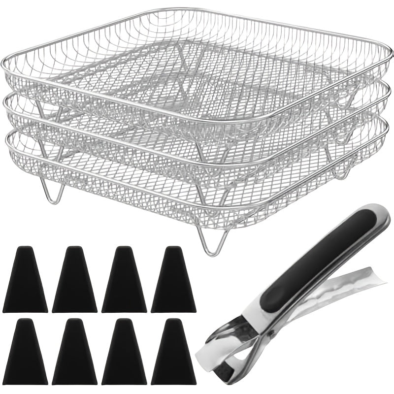 Juego de accesorios para freidora de aire de acero inoxidable grado alimenticio: rejilla apilable, pinzas, tapete elevador, estante de tres niveles saludable, compatible con lavavajillas y horno, apto para olla a presión, múltiples formas, cocina y horne