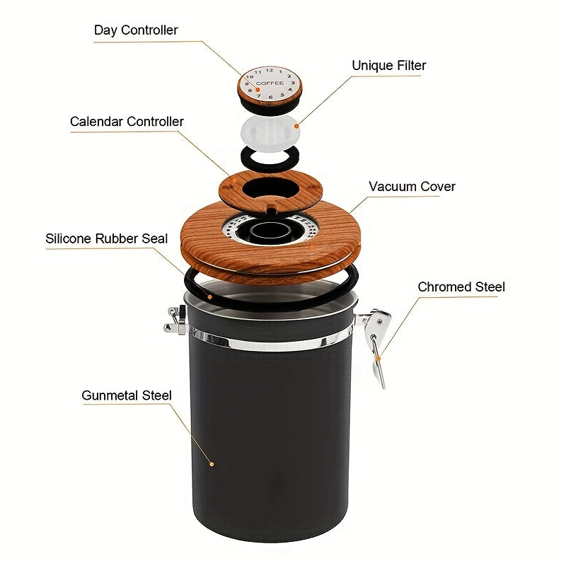 1.5L 304 Tanque Sellado de Acero Inoxidable para Café, Tanque de Almacenamiento de Granos de Café, Tanque de Almacenamiento Sellado con Cubierta de Grano de Madera y Cuchara, Contenedor de Café