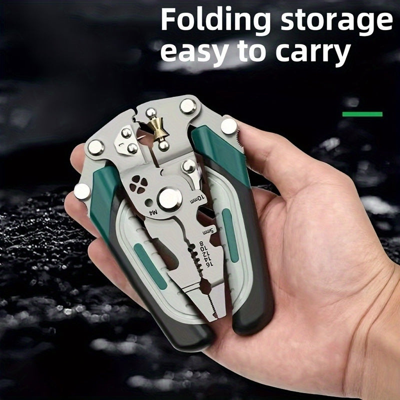 1 película desplegable multifuncional para pelar cables - Herramienta eléctrica de acero cromo vanadio con funciones de crimpado, corte y llave, diseño compacto y portátil para uso en el hogar, exterior e industrial, herramienta para pelar cables, manten