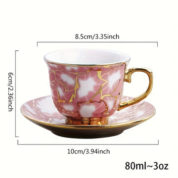 Juego de 6 tazas de café de cerámica estilo europeo con plating, diseño elegante azul y dorado, solo lavado a mano, reutilizable, uso múltiple, incluye salseras y tazas que se ajustan, accesorio para bar de café.
