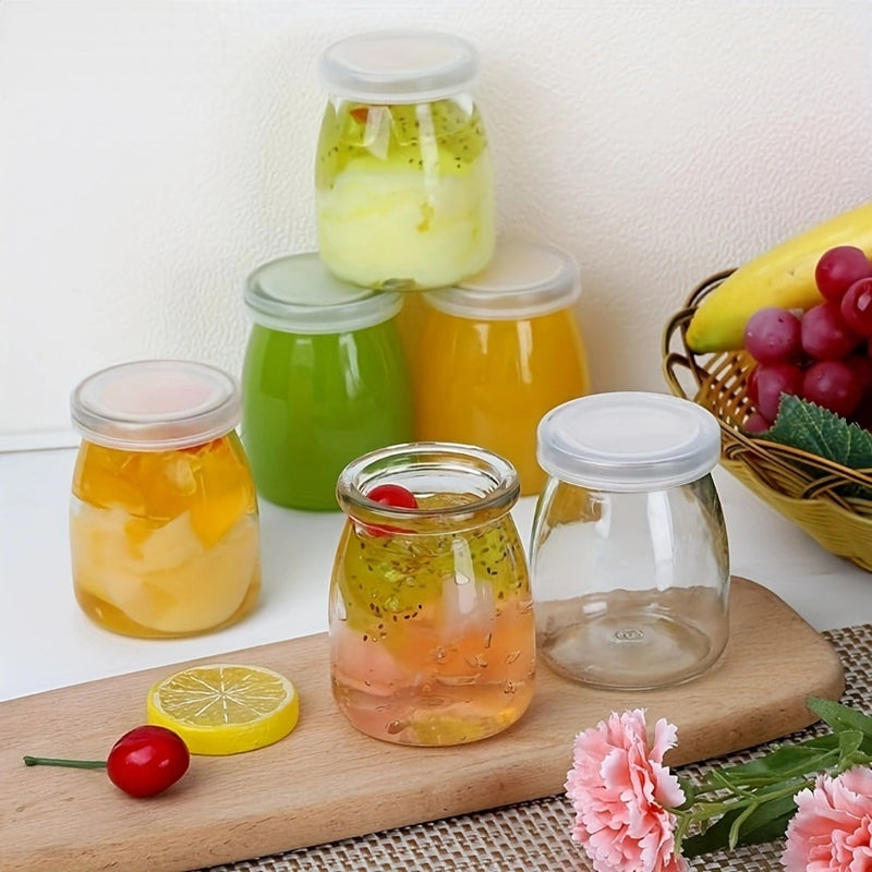 10 frascos de vidrio transparente de 4 oz con tapas de PE, recipientes reutilizables para yogur, pudín, leche, mermelada, jalea, mousse y miel, botes redondos con tapa abatible para organización de cocina, marca KHLOEE