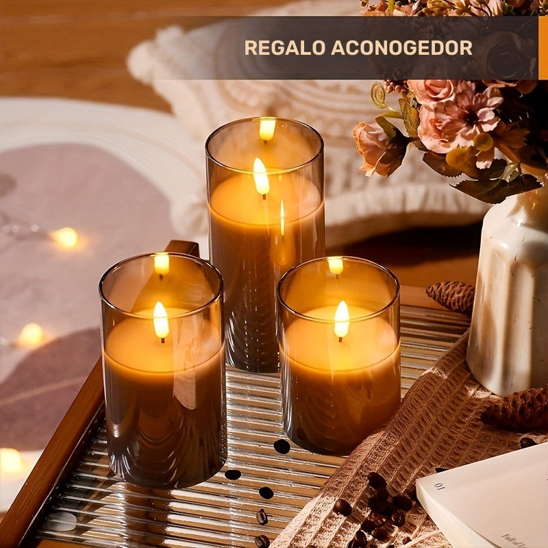 Juego de 3 velas sin llama, velas LED con batería, llama parpadeante, control remoto, ideal para hogar, dormitorio, propuesta de matrimonio, Navidad, Halloween, fiestas y decoración