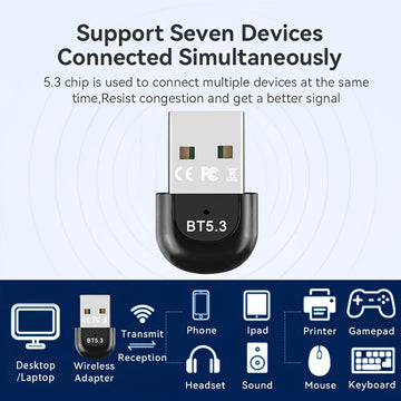 Adaptador inalámbrico USB 5.3 para PC, receptor de perro cifrado inalámbrico USB, compatible con laptops/auriculares/teclados/mouse hablantes, Windows 11/10/8.1, enchufa y juega, compatible automático hacia abajo con dispositivos 3.0/4.0/5.0/5.1