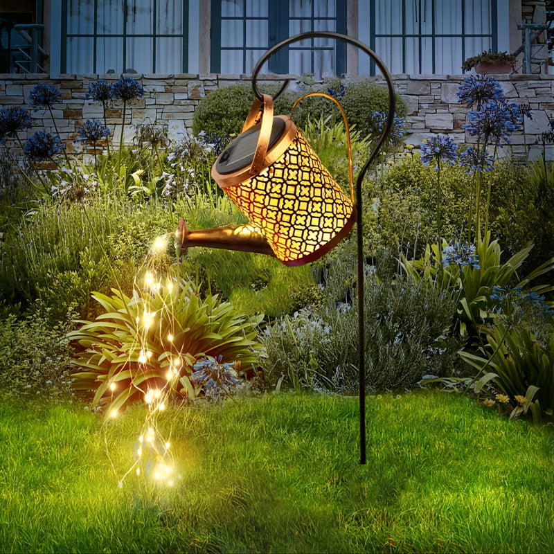 Lámpara solar de cascada con 36 luces LED y diseño con gancho, decoración elegante en tono dorado para jardín, patio, pasillos y celebraciones, iluminación exterior con energía solar, luces para patio