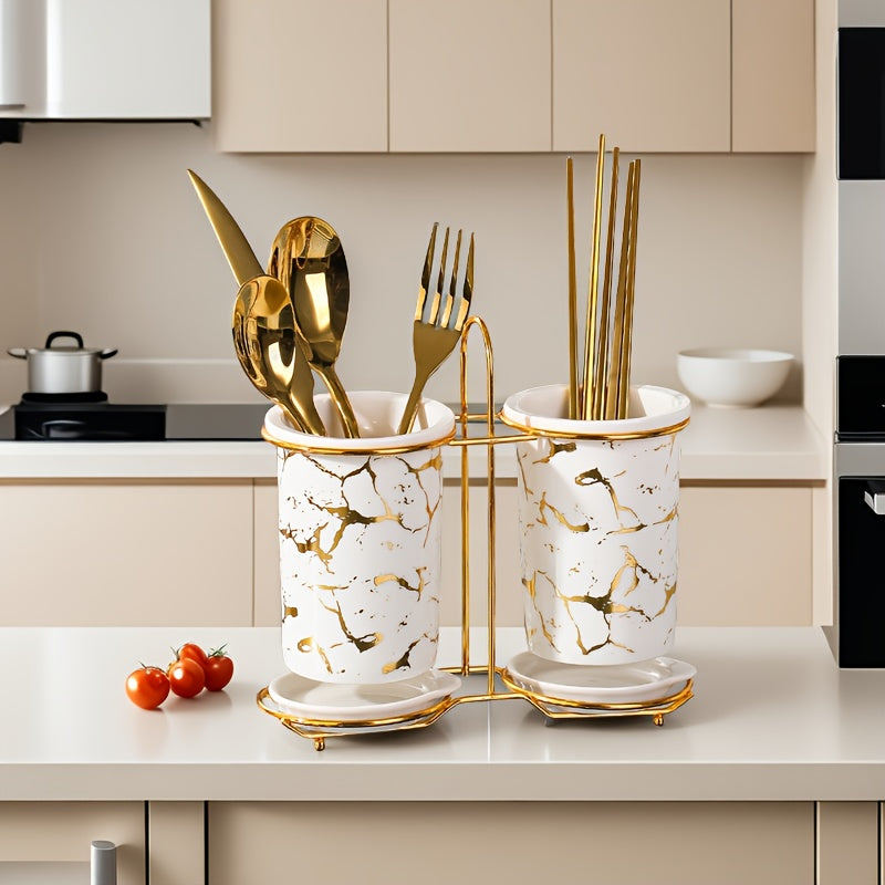 1 Juego, Soporte de Utensilios, Cilindro de Almacenamiento, Utensilios de Cocina y Restaurante, Material Cerámico, Diseño de Cilindro Doble, Adecuado para Almacenar y Organizar Cuchillos, Tenedores, Cucharas, Palillos en Encimeras de Cocina
