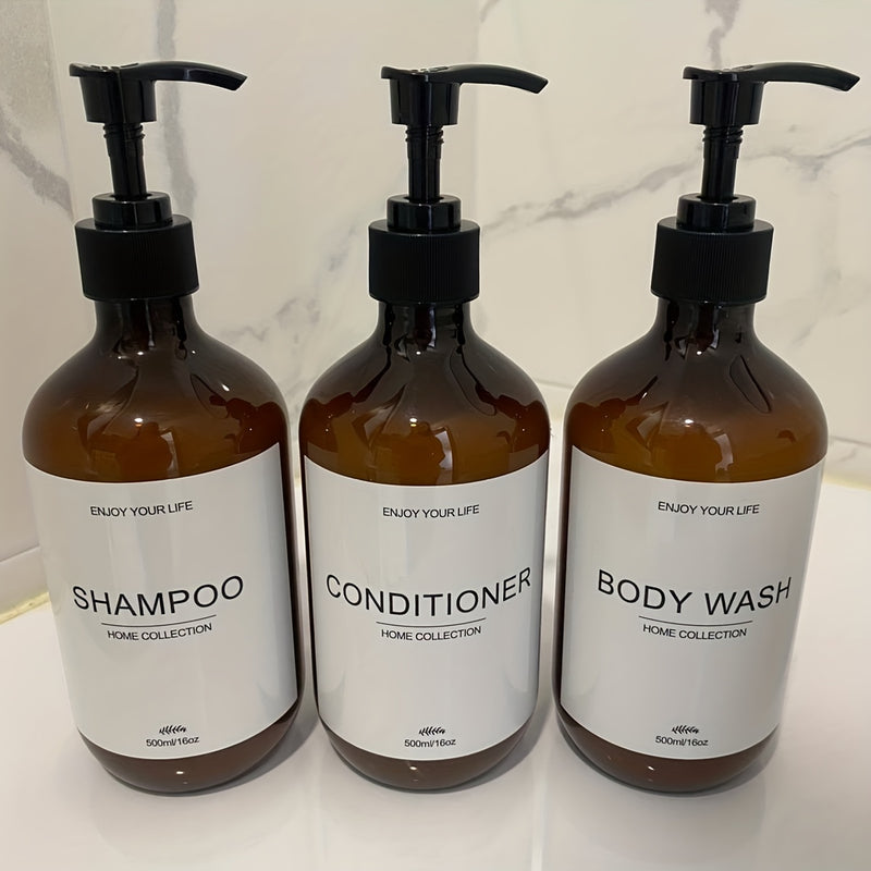 3pcs Botellas dispensadoras recargables de champú, acondicionador y gel de baño con bomba, contenedor dispensador de loción para baño con etiquetas impermeables de 500 ml / 16.9 oz, decoración del hogar, muebles para el hogar