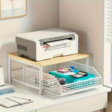 Organizador de Oficina Moderno con 1/2 Cajones - Estante de Madera Sólida y Metal Ahorrador de Espacio, para Impresoras, Electrónicos y Utensilios - Diseño Independiente, Fácil Montaje, Sin Necesidad de Energía