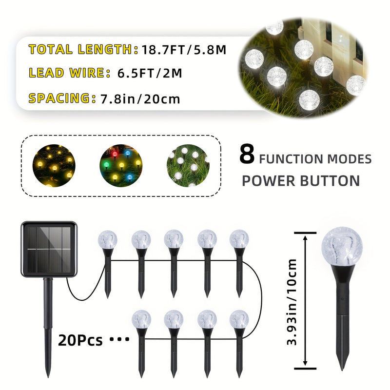 Pack de 20 Luces LED Solares para Jardín con Cristales, Iluminación Solar IPX4 para Exteriores con 8 Modos de Luz Brillante, Ideal para Patios, Céspedes, Fiestas, Día de la Independencia y Decoraciones Navideñas