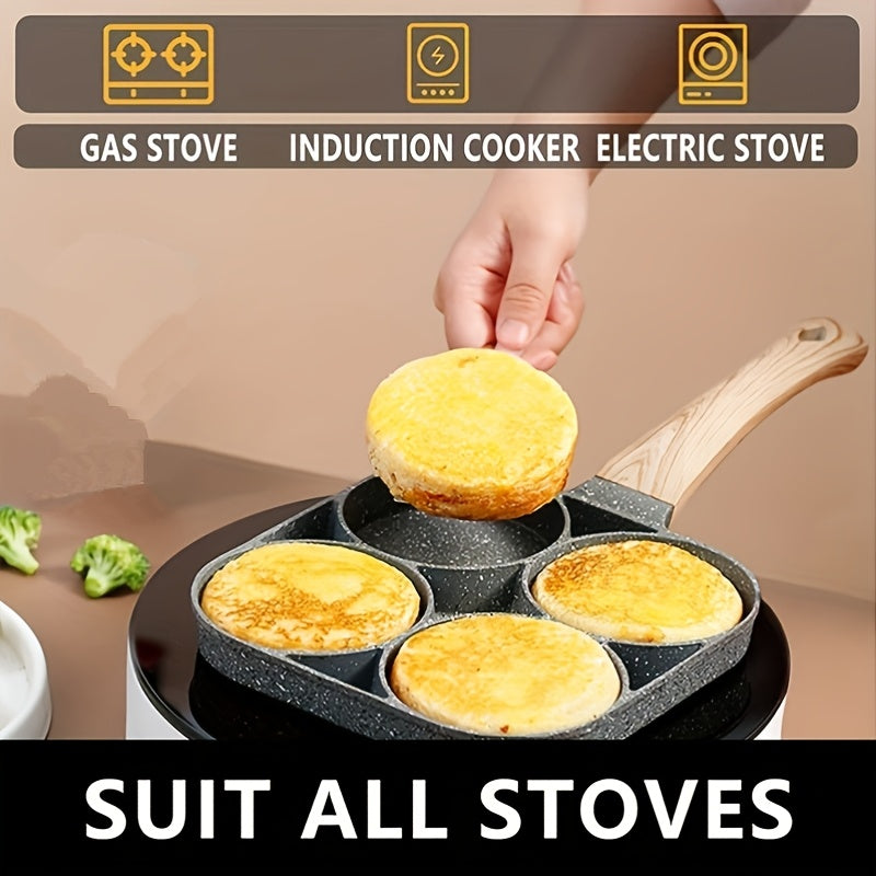 Sartén antiadherente de 4 orificios con recubrimiento de piedra Maifan - Mango de aluminio, ideal para huevos, panqueques y más - Solo lavado a mano, compatible con inducción, utensilios de cocina | Utensilios de cocina modernos | Cocina duradera