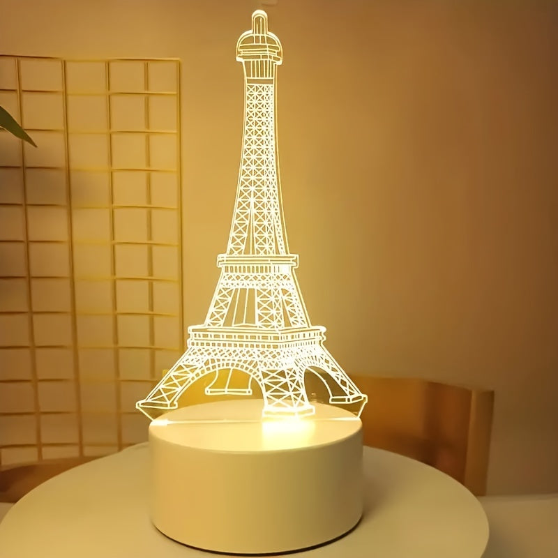 1 lámpara LEDUGF moderna 3D de la Torre Eiffel con base blanca, luz cálida monocromática, control por interruptor, material plástico, incluye cable, alimentación por USB, para dormitorio