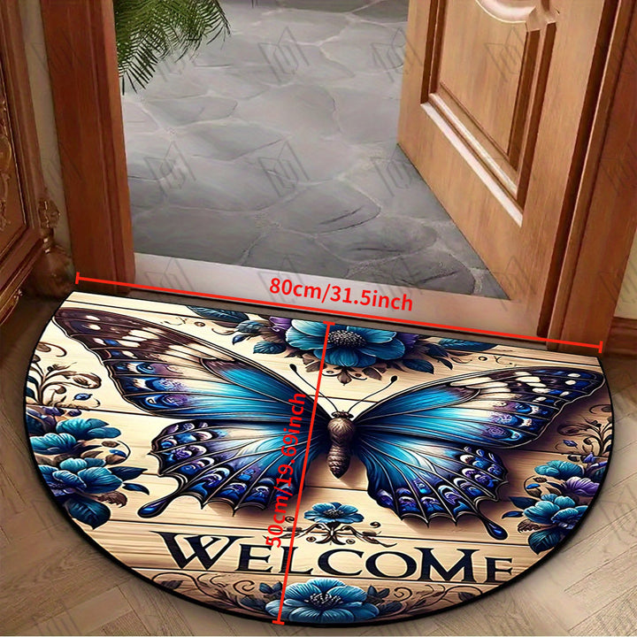 Alfombra de Puerta Semicircular con Patrón de Mariposas de Bienvenida - Antideslizante, Lavable de Poliéster, Ideal para Cocina, Porche, Baño, Lavandería, Sala de Estar, Sala de Juegos - Decoración de Estilo Granja para el Hogar y Jardín, Alfombra de Sue