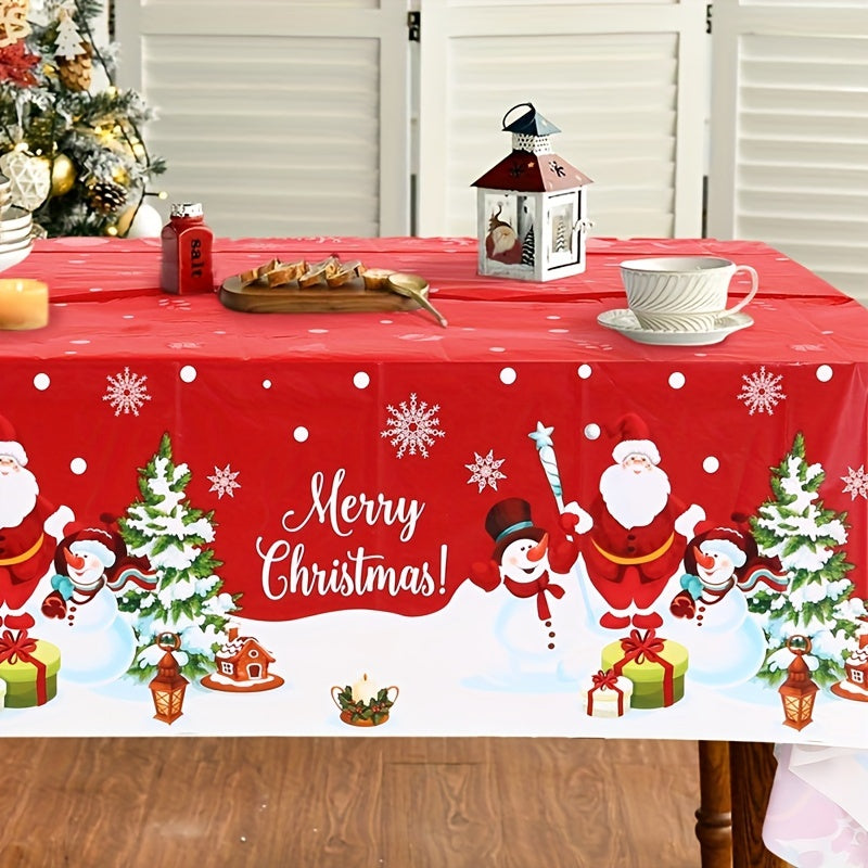 1pc Manta de plástico de Navidad con Santa y Hombre de Nieve - Cubierta de mesa desechable de patrón de dibujo animado rojo para decoración de fiesta de vacaciones, tejido no textil rectangular hecho a máquina, se ajusta a mesas de 219.96x129.79cm