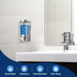 2 dispensadores de jabón sin taladro para montar en pared, con grifo automático sin contacto, dispensador de champú y gel de baño de plástico, fácil instalación para cocina y baño, diseño transparente, plástico duradero