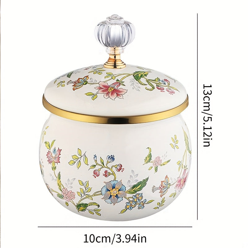 Tarro de azúcar floral esmaltado con tapa dorada, 1 unidad – Hermético, multiusos para almacenar café, té y alimentos, diseño redondo, solo lavado a mano