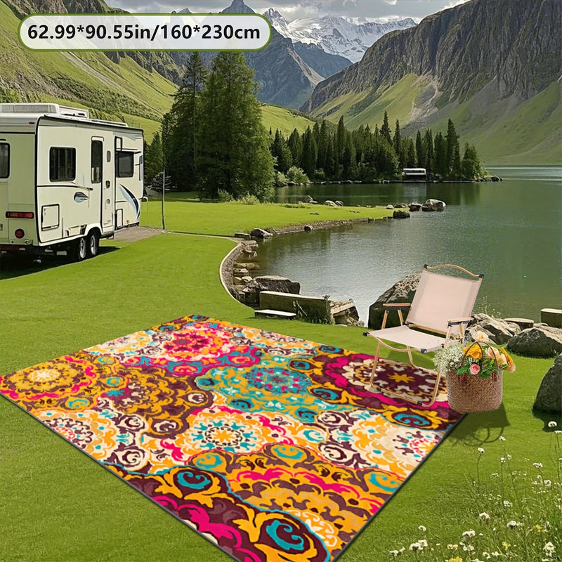 Estampado digital 2D plano con patrón floral, alfombra decorativa de estilo étnico, alfombra interior de RV, alfombra de tienda, alfombra de patio, alfombra de bienvenida, alfombra de camping, adecuada para camping al aire libre, senderismo, viajes en ca