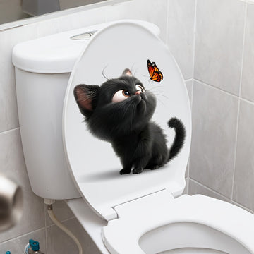 1pc Pegatina con diseño de gato lindo y mariposa, calcomanía de pared autoadhesiva, calcomanía para tapa de inodoro, plástico, decoración de baño, decoración estética del hogar, decoración de la habitación, embellece tu hogar