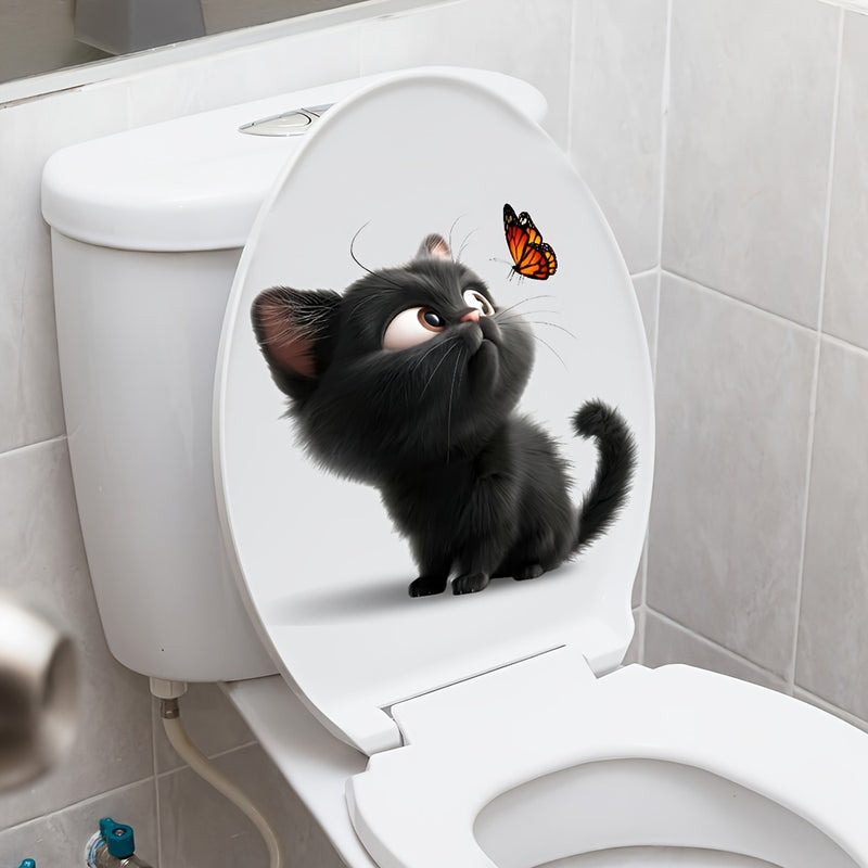 1pc Pegatina con diseño de gato lindo y mariposa, calcomanía de pared autoadhesiva, calcomanía para tapa de inodoro, plástico, decoración de baño, decoración estética del hogar, decoración de la habitación, embellece tu hogar