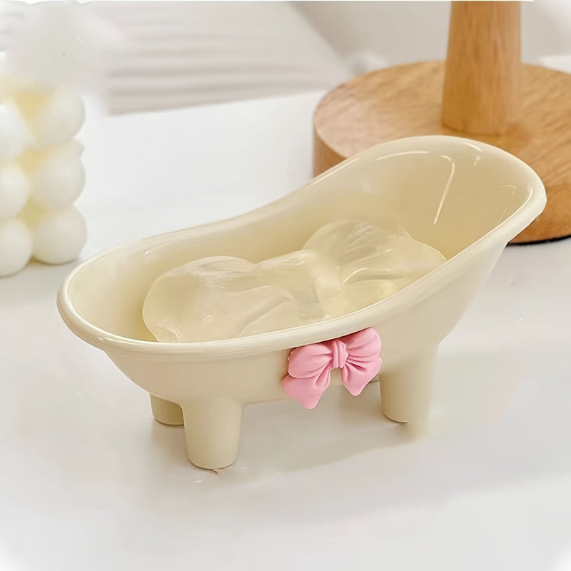 1pc Elegante Jabonera con Forma de Bañera y Adorno de Lazo Rosa - Soporte de Drenaje Ovalado de Plástico para Baño y Lavabo, Ideal para Almacenamiento de Jabón