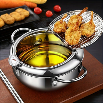 Fritadora de tempura de acero inoxidable - Opción de cocina saludable, fritadora profunda con termómetro, indicador de nivel de aceite y diseño seguro para el contacto con alimentos para huevos fritos perfectos, panqueques y más, opción de cocina saludab