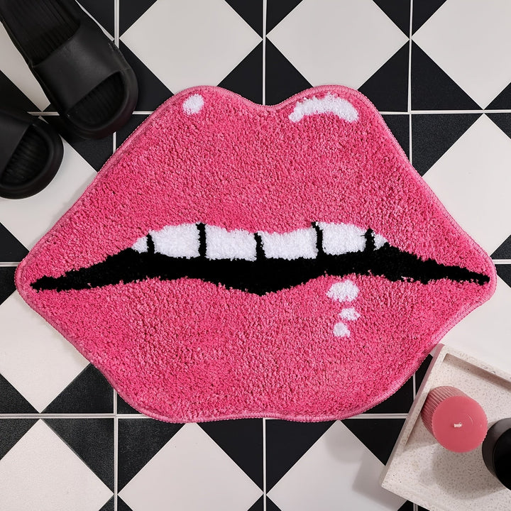 Alfombra de baño de labios rosados suaves - Suave, absorbente, alfombra de suelo antideslizante para baño y dormitorio, revestimiento de poliéster, fácil de limpiar, alfombra de baño | Diseño juguetón | Alfombra absorbente