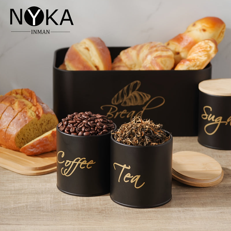 Juego de cuatro tarros para pan, azúcar y café con anillos selladores y tapas de bambú. Tapa de bambú utilizable como tabla de cortar y lavable - Ideal para Navidad/Pascua/picnics al aire libre