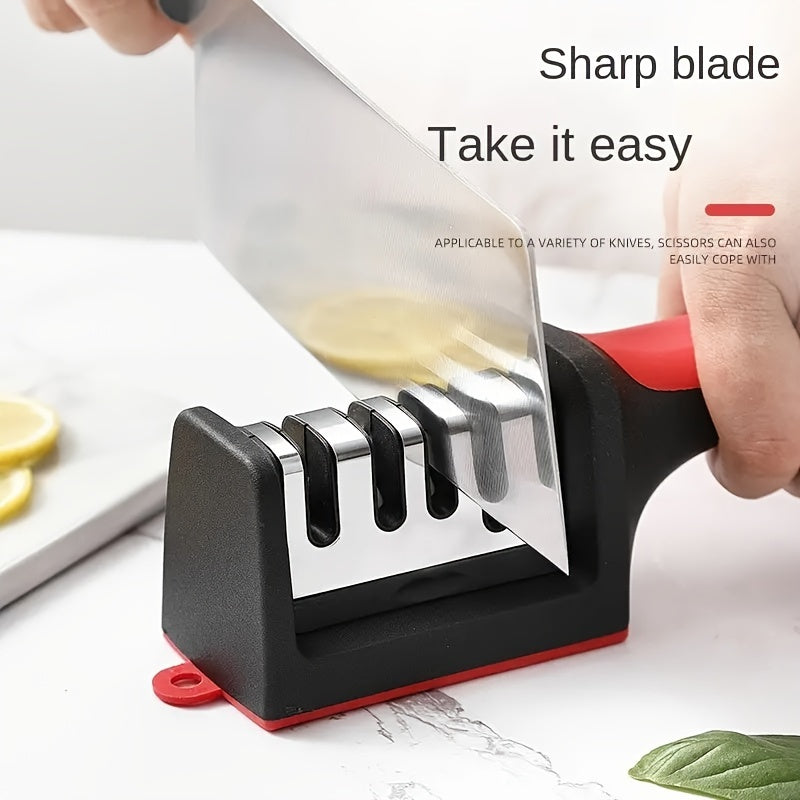 1pc Afilador de Cuchillos Multifuncional de 4 Etapas – Herramienta de Cocina Manual para Afilar y Afilar Cuchillos, Hojas de Acero Inoxidable, Mango Rojo, Ideal para Uso Doméstico y al Aire Libre, Equipo de Cocina al Aire Libre | Afilador de Cuchillos Ve